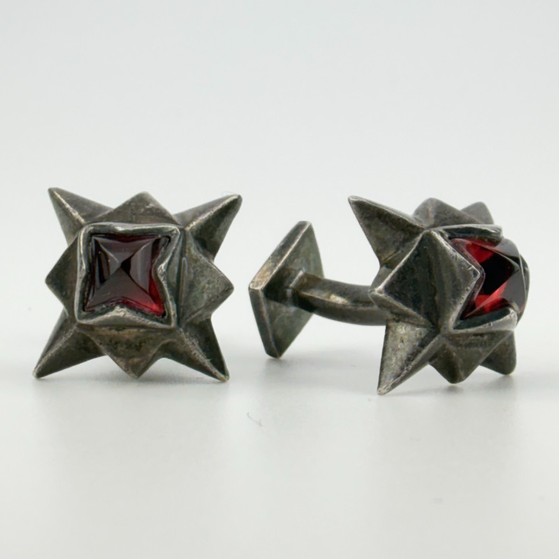 Mid Century Signed Hand Crafted Silver And Garnet Cufflinks