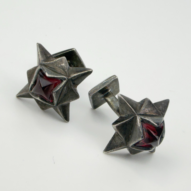 Mid Century Signed Hand Crafted Silver And Garnet Cufflinks