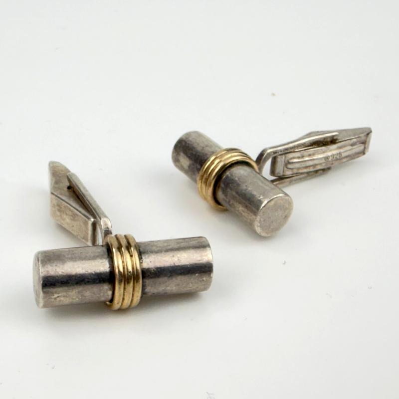 Doskow Barrel Cufflinks Bird Vintage 925 Silver 14K Gold