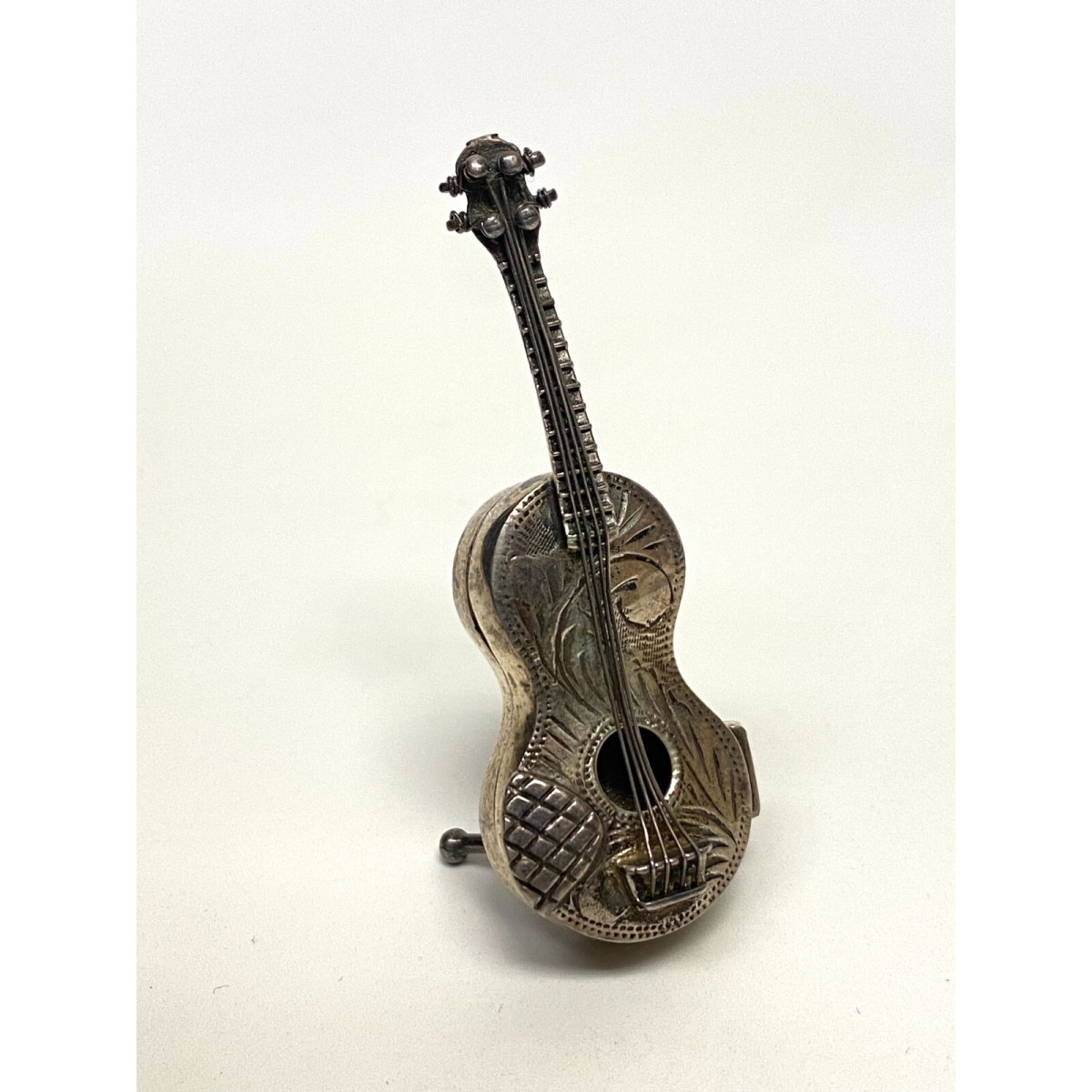 Rare Antique Sterling Silver Miniature Scroll Guitar Pill Box Dove Doll House
