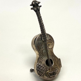 Rare Antique Sterling Silver Miniature Scroll Guitar Pill Box Dove Doll House