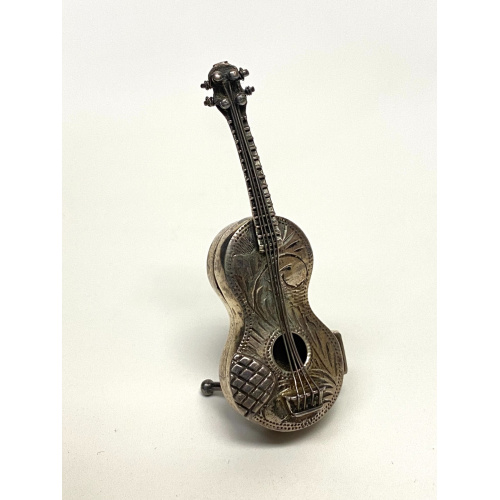 Rare Antique Sterling Silver Miniature Scroll Guitar Pill Box Dove Doll House