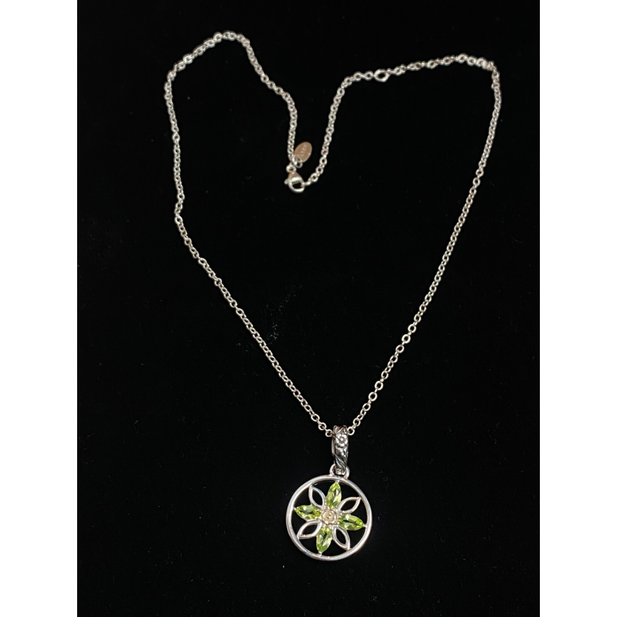 Vintage Lyric Sterling Silver Green Flower Necklace