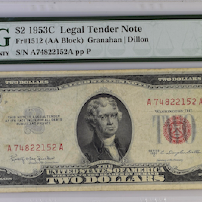 FR#1512,$ 2 1953C LEGAL TENDER NOTE PMG 30 VF(AA BLOCK) GRANAHAN /DILLON  FR#1512,$ 2 1953C LEGAL TENDER NOTE PMG 30 VF(AA BLOCK) GRANAHAN /DILLON
