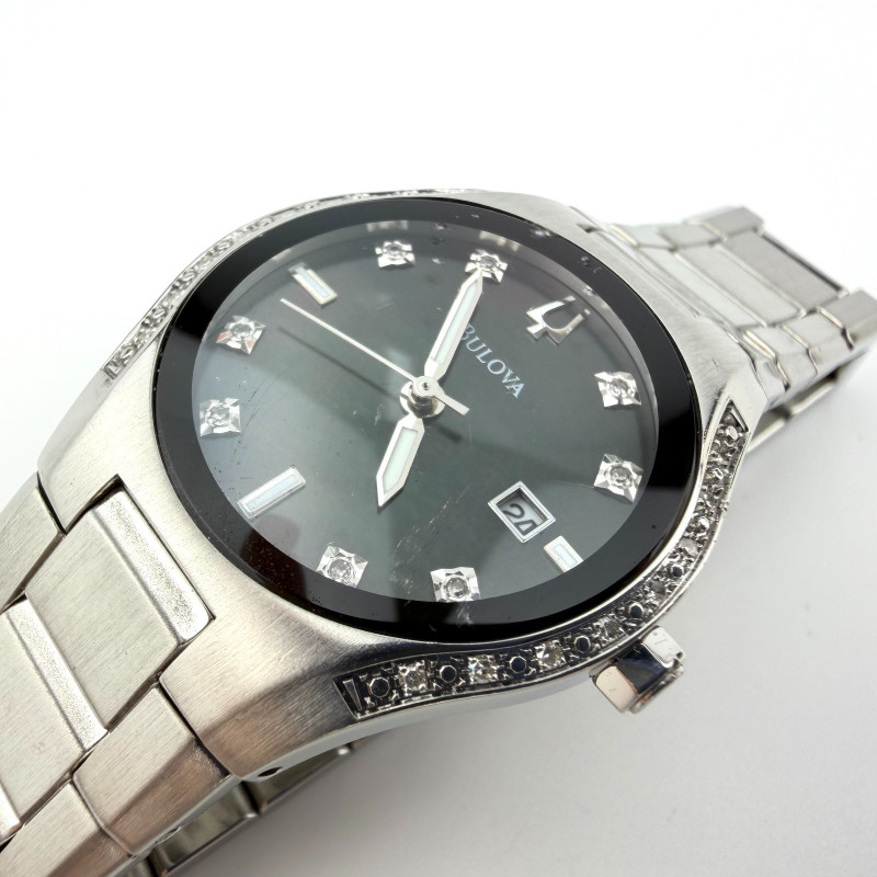 Bulova Diamond Silver Tone Black MOP Date Dial Womens Dress Watch 96R132