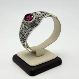 Sterling Silver 925 Filigree Cuff Bracelet Large Red Faceted Gemstone Vintage