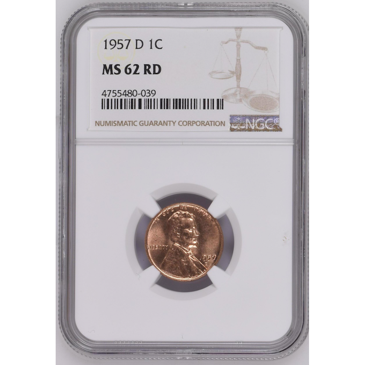 NGC MS 62 RD 1957 D LINCOLN WHEAT PENNY 1C (ERROR 9 & 5)