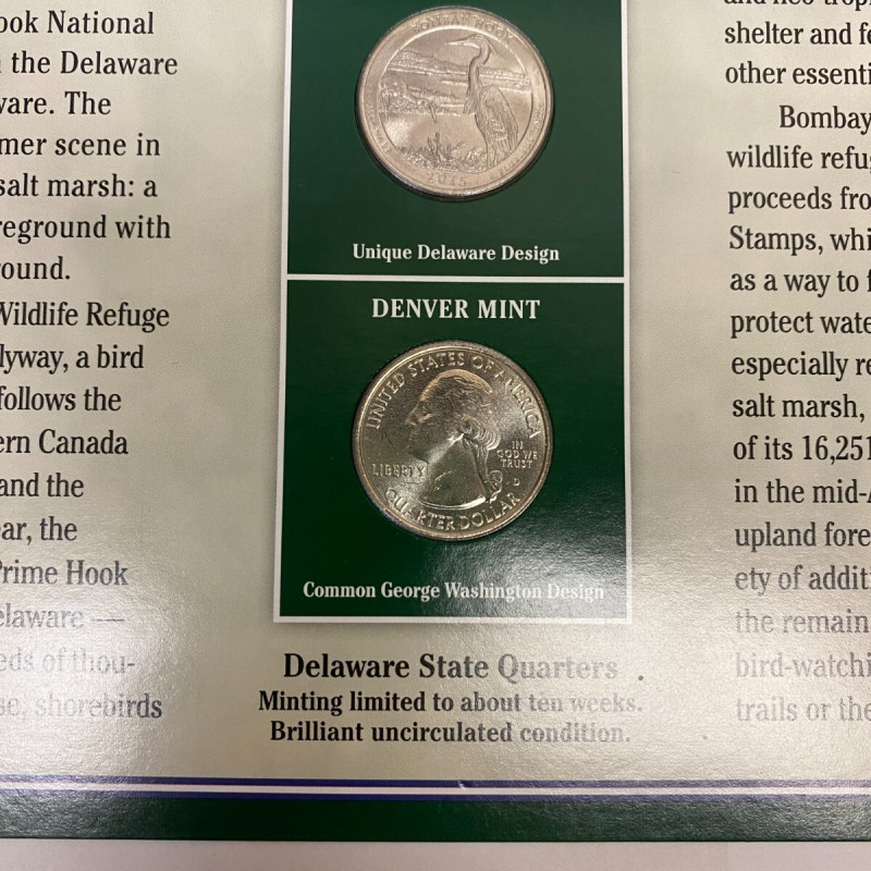 2015 P + D Delaware Bombay Hook Refuge Quarters + Stamps Placard w/Protector PCS