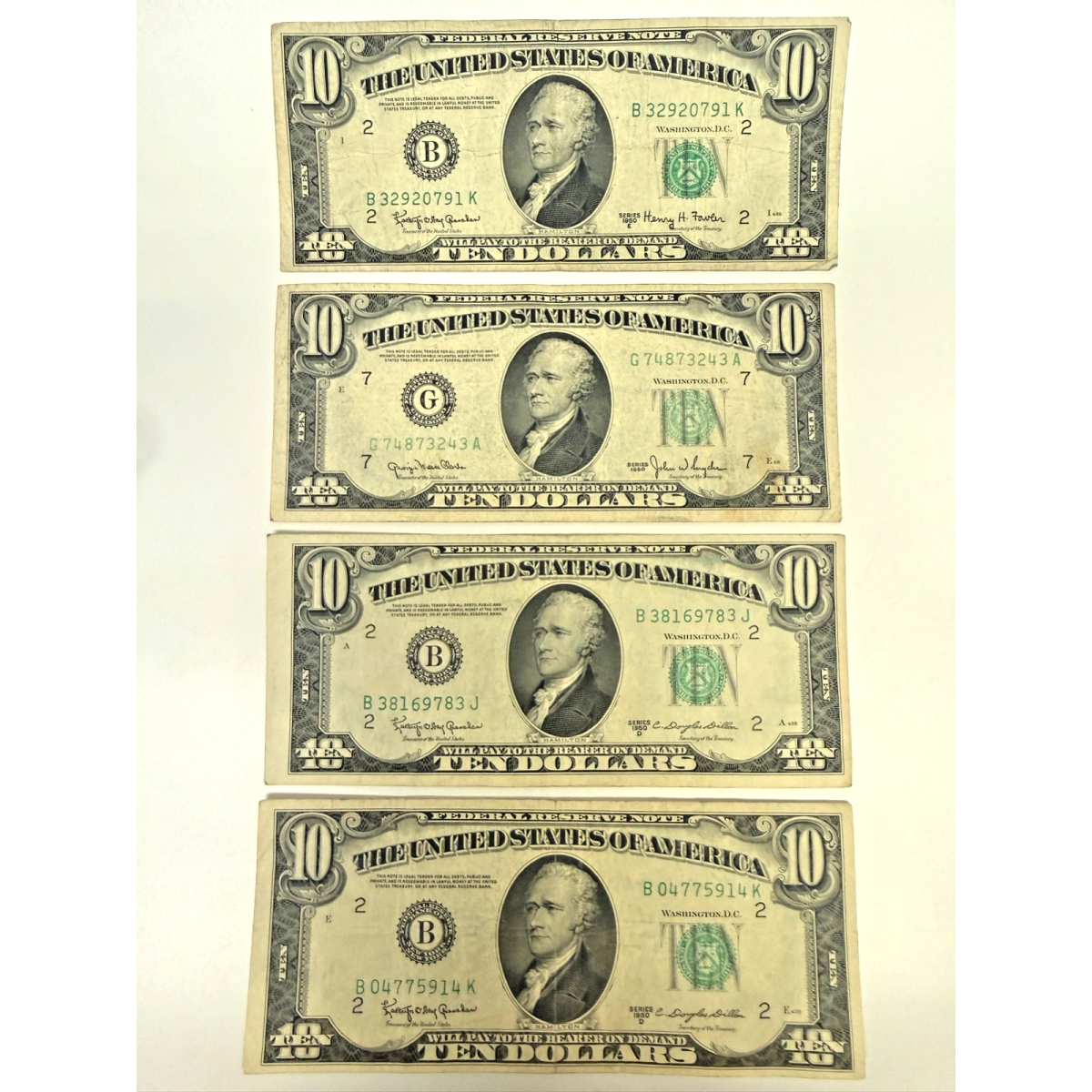 Lot of 4 $10 Federal Reserve Notes Series 1950, 1950D & 1950E U.S. Ten Dollar