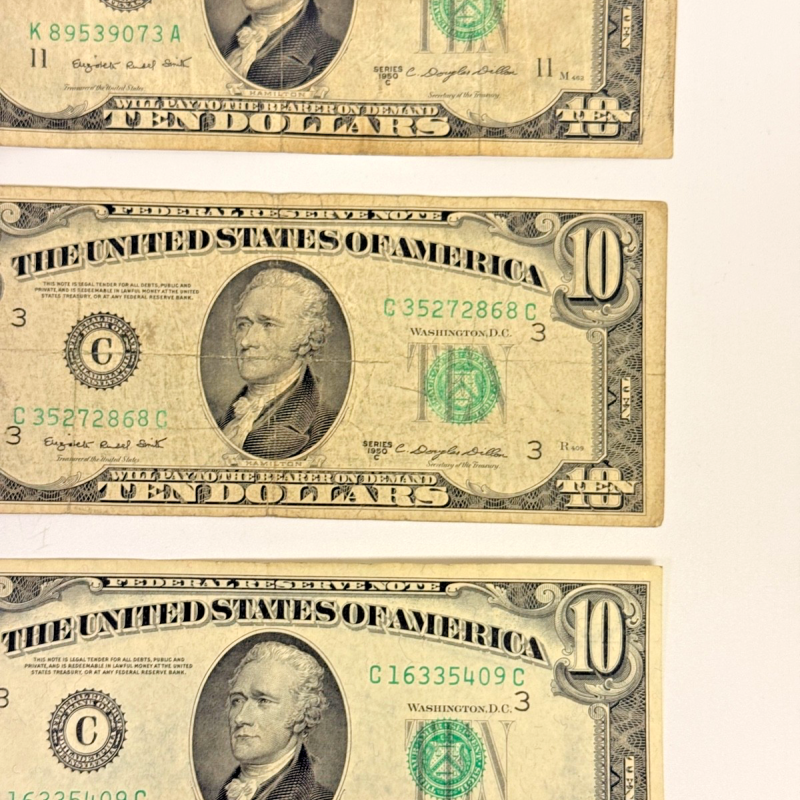Lot of 3 Series 1950C $10 Federal Reserve Notes Old U.S. Ten Dollar Bills