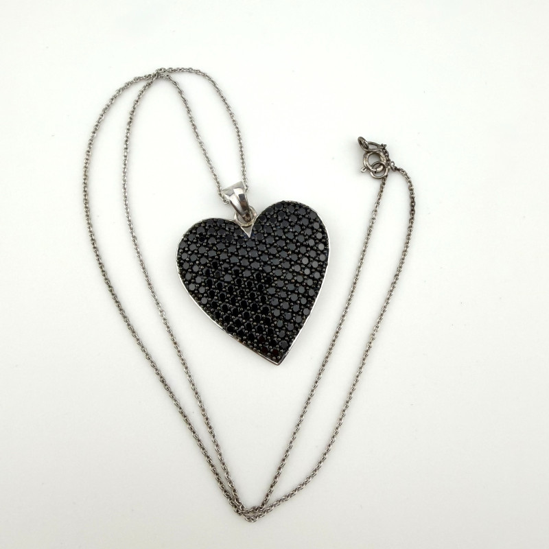 Vintage Sterling Silver 925 Large Black Onyx Heart Pendant necklace 18” KHR