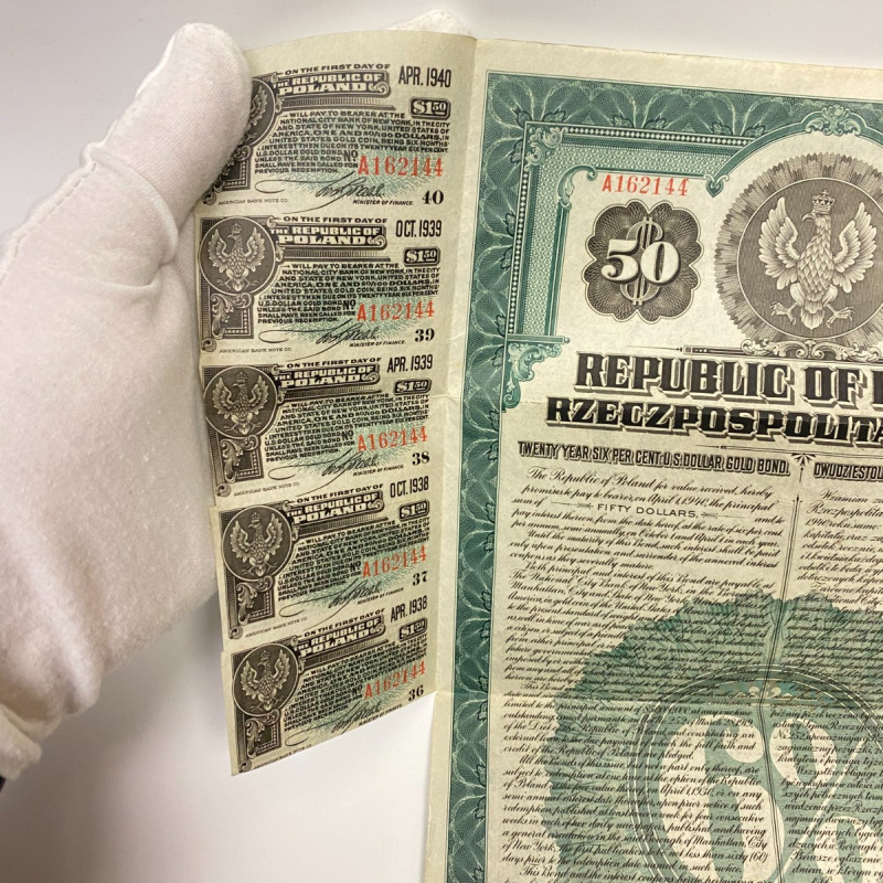 1920 Republic Of Poland 20 Year 6% U.S. Dollar Gold Bond W/ 5 Coupons 1920 Republic Of Poland 20 Year 6% U.S. Dollar Gold Bond W/ 5 Coupons