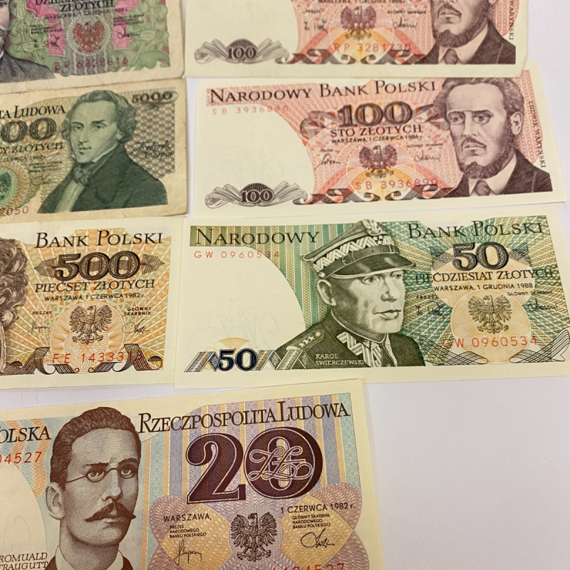 7 note set Poland 10000, 5000, 500, 2x100, 50, 20 Zlotych , 1982-1988 7 note set Poland 10000, 5000, 500, 2x100, 50, 20 Zlotych , 1982-1988