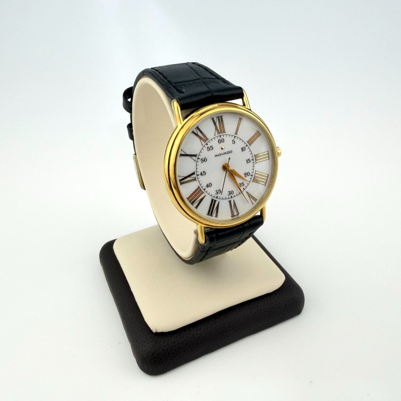 Vintage Movado Ladies Gold Plated Dress Watch Black Leather Strap Swiss Quartz