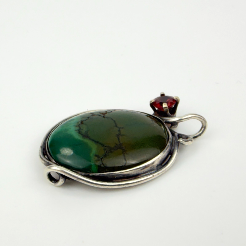 Vintage Green Turquoise Garnet Sterling Silver Filigree Pendant