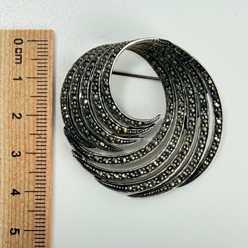 Vintage Sterling Silver 925 & Marcasite Swirl Brooch Stamped Pin EARLY-MID 20c