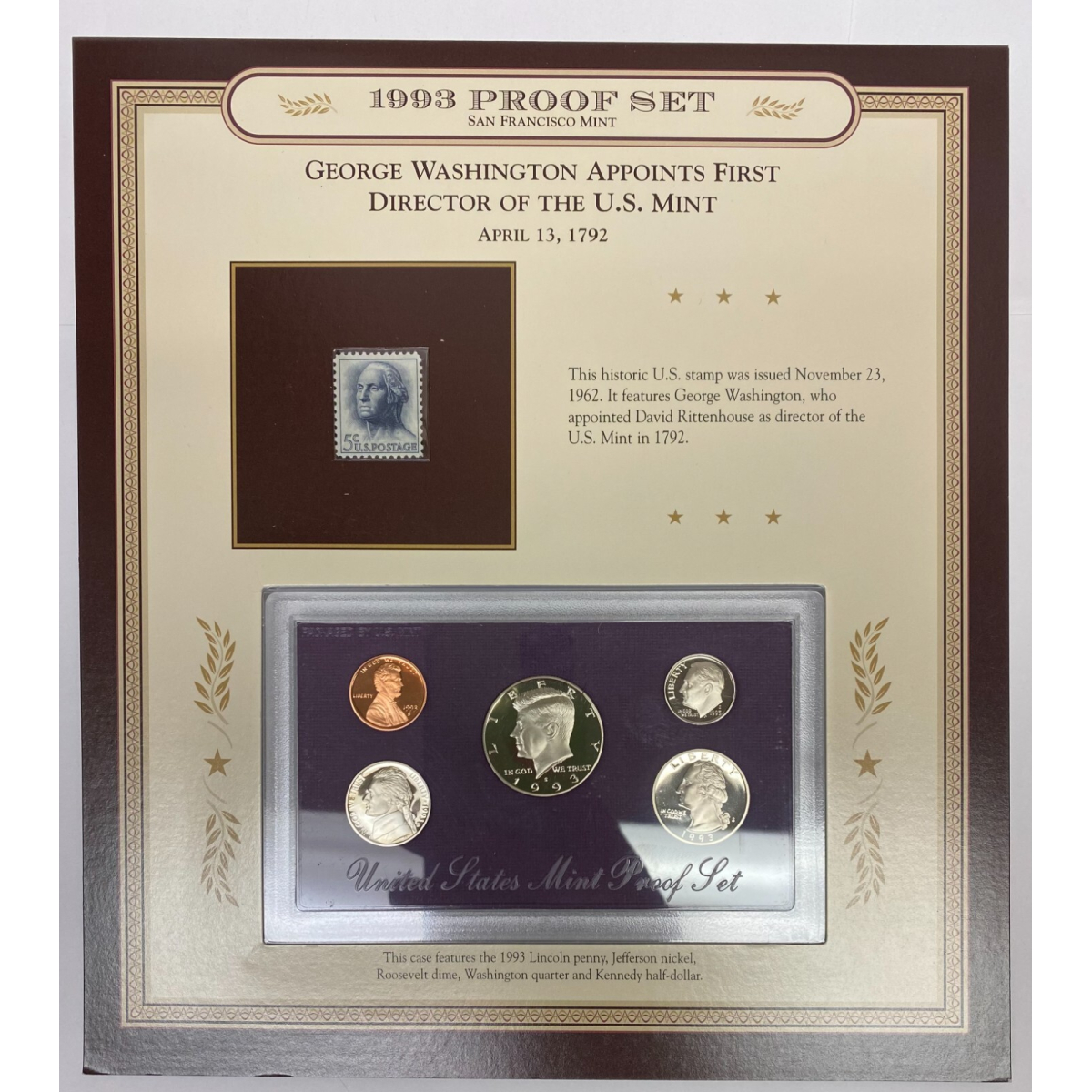 1993 Proof Set San Francisco Mint With 5 cent George Washington Stamp Display