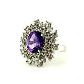 Vintage Style 925 China Oval Purple Amethyst & Cz  Ring Sz 8
