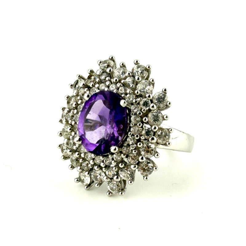 Vintage Style 925 China Oval Purple Amethyst & Cz  Ring Sz 8
