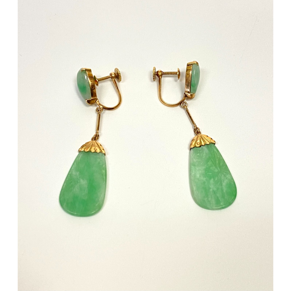 Elegant Natural Green Carved Jade Earring in 18K Yellow Gold
