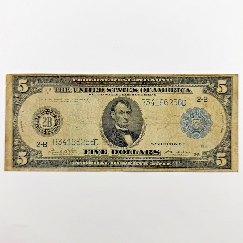 1914 $5 Large Size Silver Certificate Blue Seal - Serial B34186256D New York 2-B