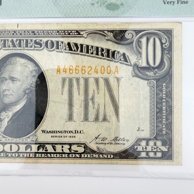 1928 $10 Gold Certificate Yellow Seal AA Block PMG 30 VF - serial # A46662400A
