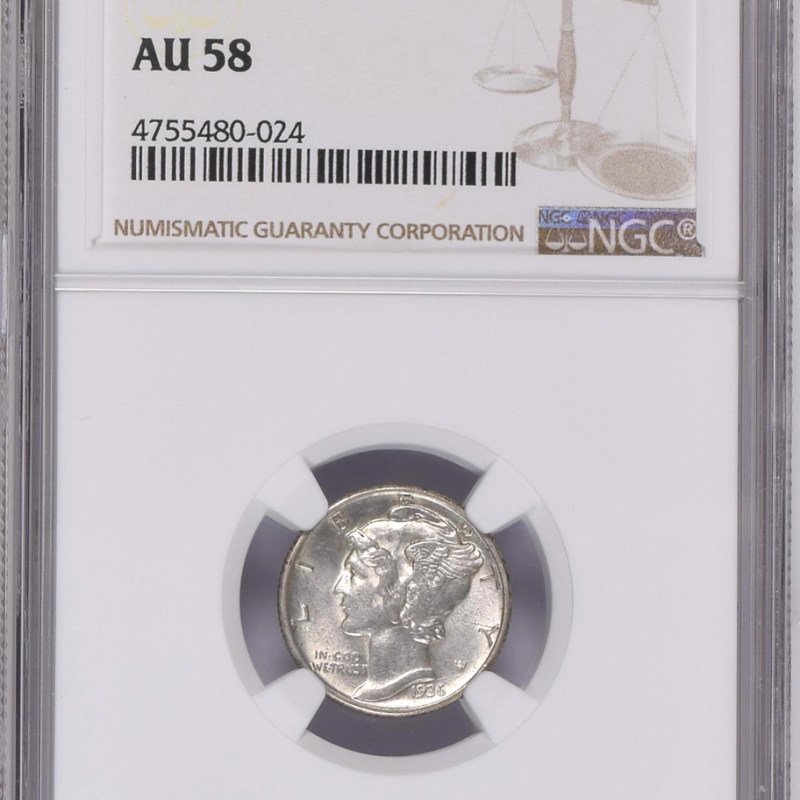 NGC AU 58 10 C 1936 D SILVER MERCURY DIMES NGC AU 58 10 C 1936 D SILVER MERCURY DIMES