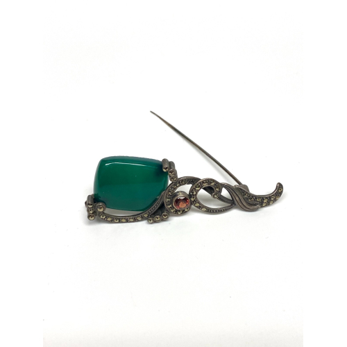 A Vintage Sterling Silver Jade, Marcasite and Garnet stones brooch A Vintage Sterling Silver Jade, Marcasite and Garnet stones brooch