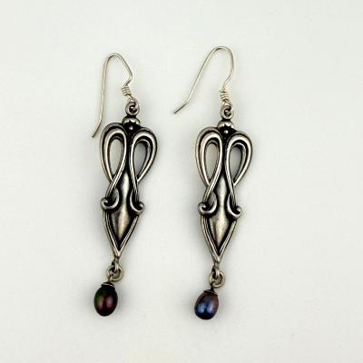 Steve Stamas Sterling Silver Art Nouveau Dangle Earrings with Pearls