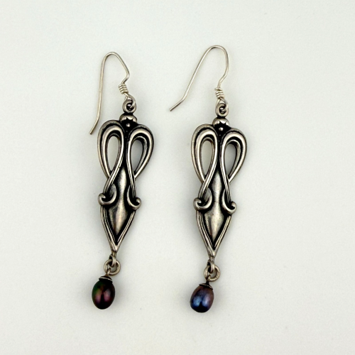 Steve Stamas Sterling Silver Art Nouveau Dangle Earrings with Pearls
