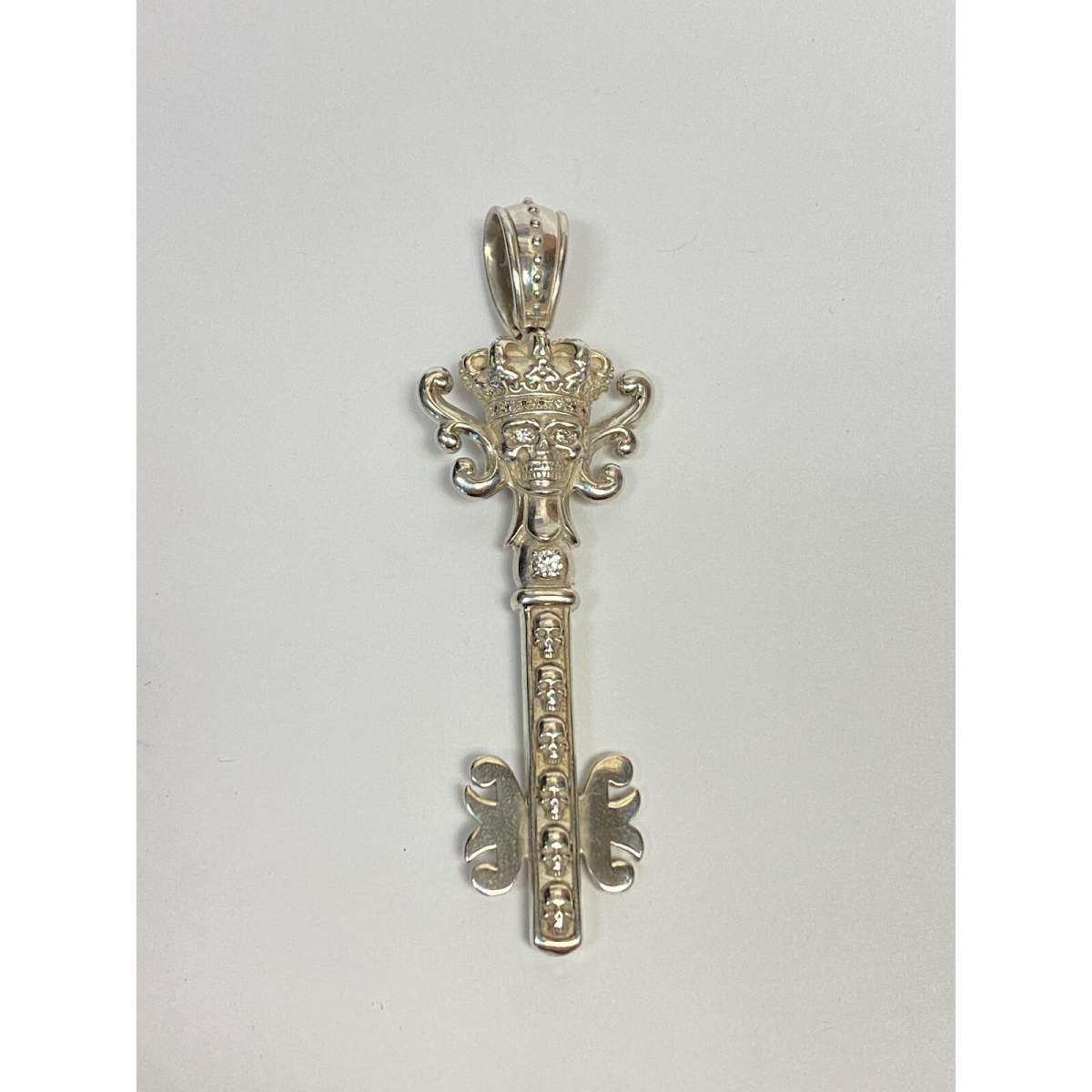 Justin Davis Sterling Silver Key Pendant with Crown and Skull Design, 3 inches