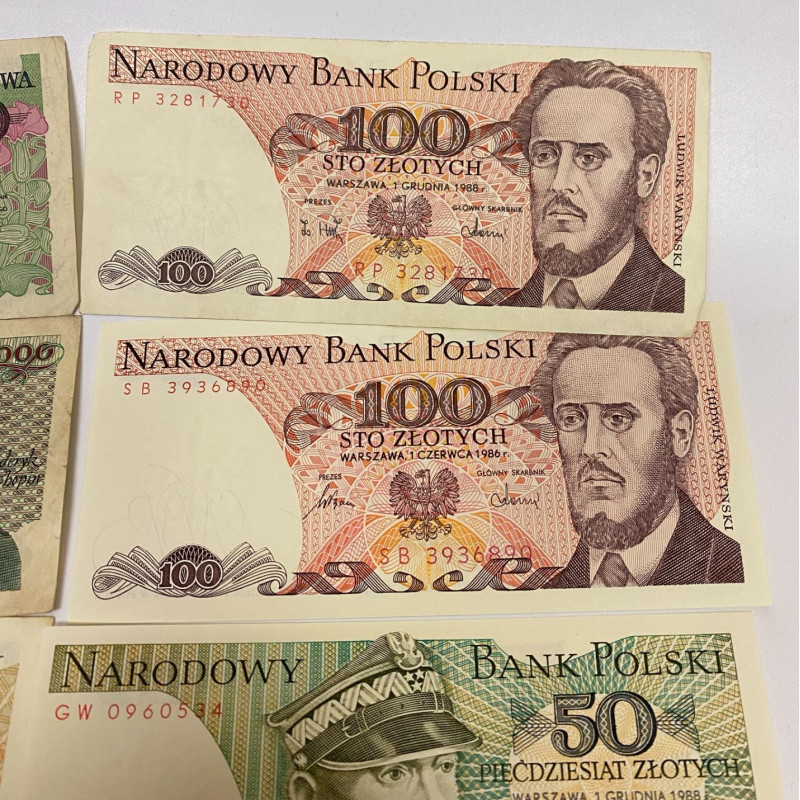 7 note set Poland 10000, 5000, 500, 2x100, 50, 20 Zlotych , 1982-1988 7 note set Poland 10000, 5000, 500, 2x100, 50, 20 Zlotych , 1982-1988
