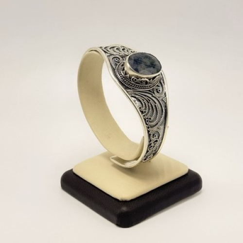 Vintage 925 Sterling Silver Filigree Cuff Bracelet Natural Blue Gray Gemstone