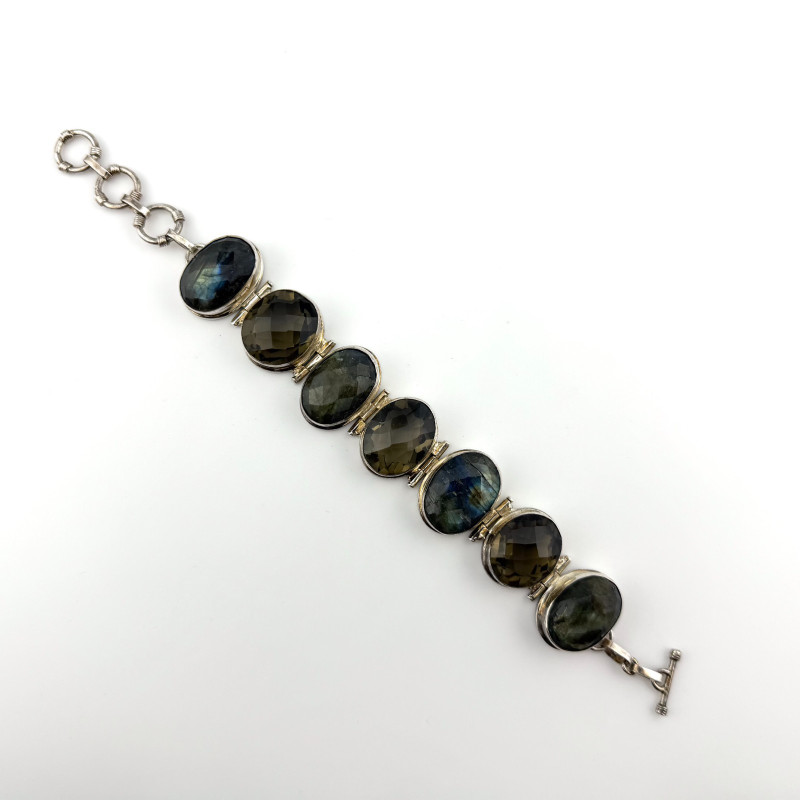 Sterling Silver 925 Large Smokey Quartz and Labradorite Gemstone Bracelet