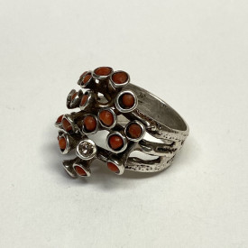 Vintage Designed Coral Stones & Diamond  Sterling Silver 925   Woman Ring Size 7