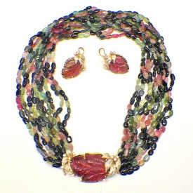 Estate 18K Yellow Gold Multi Color Tourmaline & Diamond Necklace & Earrings Set