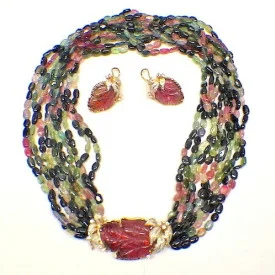 Estate 18K Yellow Gold Multi Color Tourmaline & Diamond Necklace & Earr