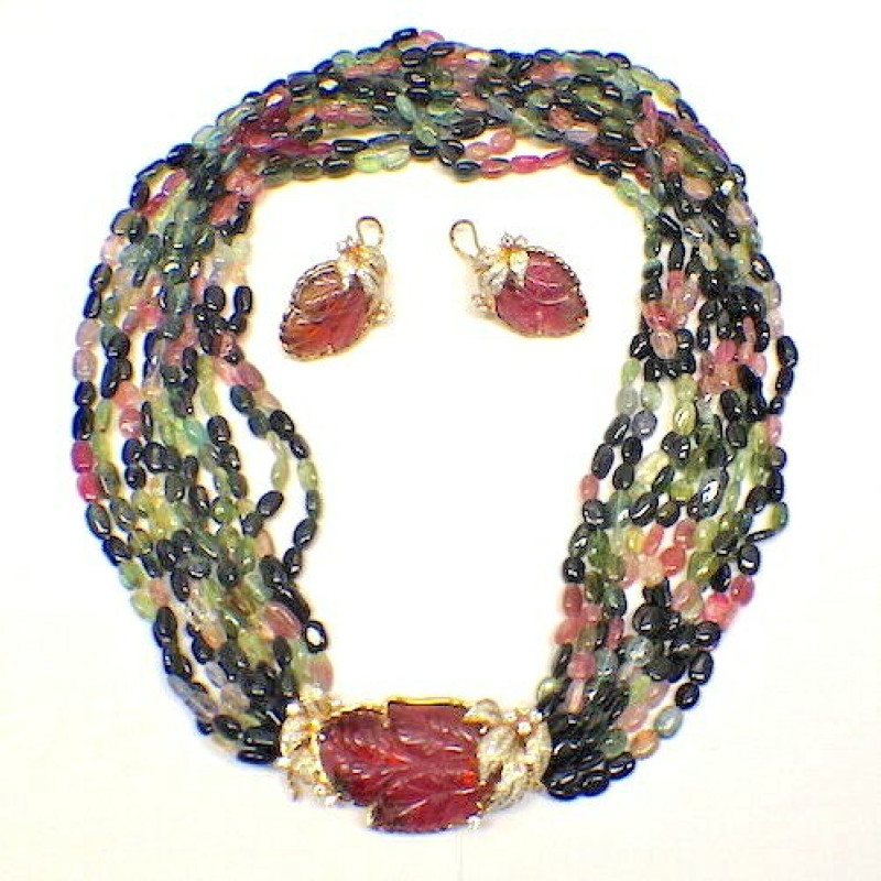 Estate 18K Yellow Gold Multi Color Tourmaline & Diamond Necklace & Earrings Set Estate 18K Yellow Gold Multi Color Tourmaline & Diamond Necklace & Earrings Set