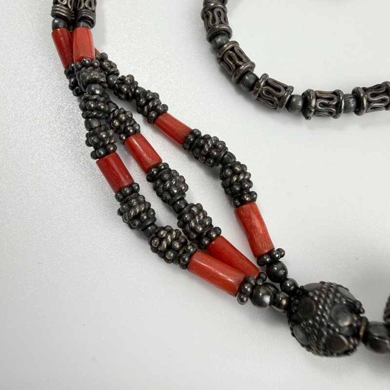 Tibetan Vintage Handmade jewelry set with silver and red coral beads