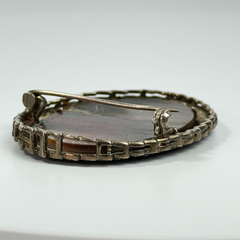 Vintage 925 Sterling Silver Cameo Pendant Brooch with Carved Mother of Pearl 2"