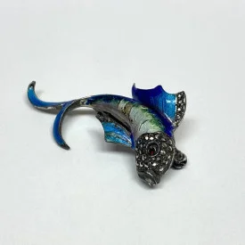 Antique Sterling Silver Designed Gems Faced Blue Multicolor Fish / 1 Ruby Eye  