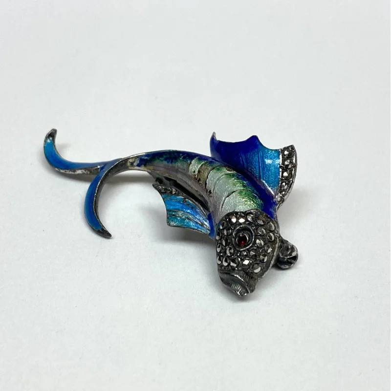Antique Sterling Silver Designed Gems Faced Blue Multicolor Fish / 1 Ruby Eye  