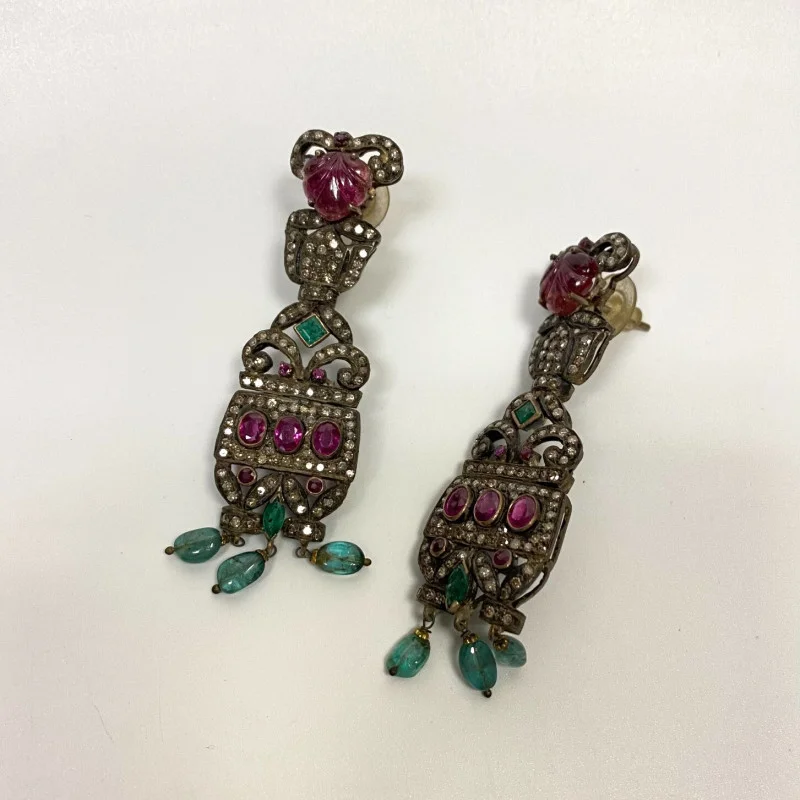 Antique Handmade Necklace and Earrings Diamond Tourmaline Ruby Emerald Sapphire