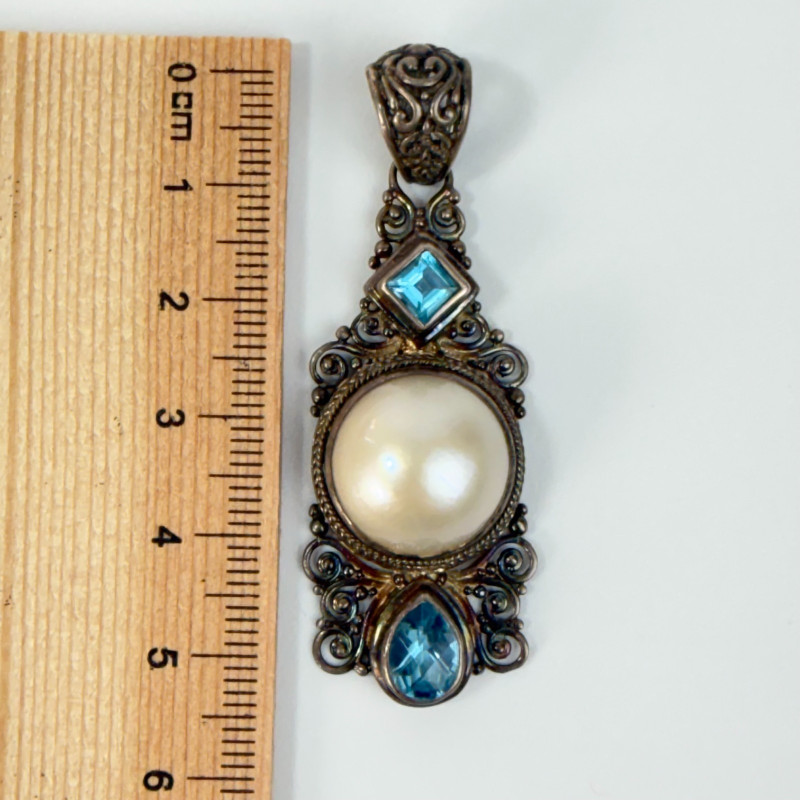 Sarda Bali Sterling Silver Pendant  White Mabe Pearl & Blue Topaz
