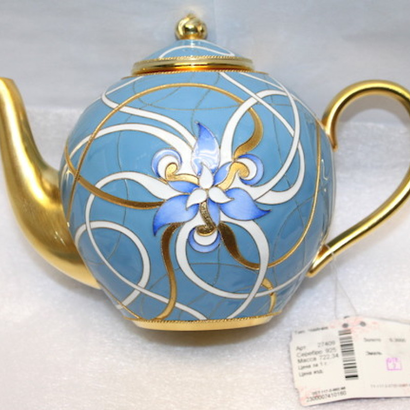 Russian silver 925 & 24k Gold Plated Teapot & 2 Teacups Enamel Filigree