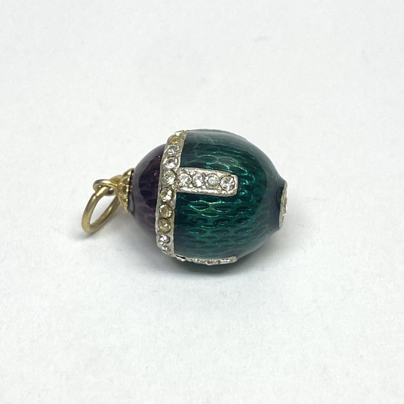 Antique Sterling Silver Green/Plum Colored Diamond Studded Enamel Egg Antique Sterling Silver Green/Plum Colored Diamond Studded Enamel Egg
