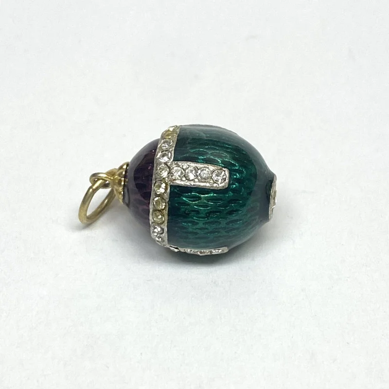 Antique Sterling Silver Green/Plum Colored Diamond Studded Enamel Egg