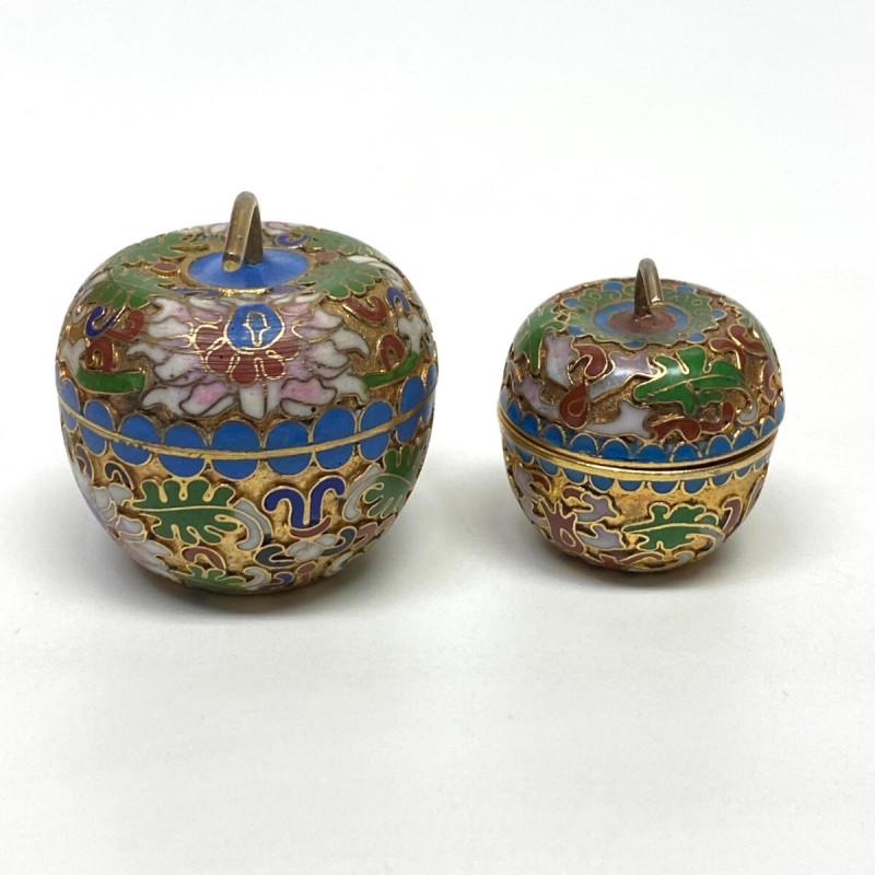 Vintage Covered Apple Shape Cloisonné Trinket Boxes Blue w Aqua Enamel Interior