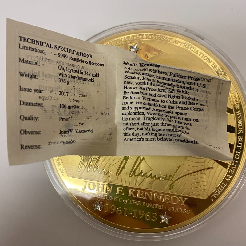 John F. Kennedy Commemorative Coin layered in 24K Gold w/ COA John F. Kennedy Commemorative Coin layered in 24K Gold w/ COA