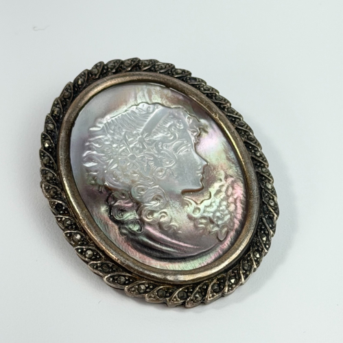 Vintage 925 Sterling Silver Cameo Pendant Brooch with Carved Mother of Pearl 2" Vintage 925 Sterling Silver Cameo Pendant Brooch with Carved Mother of Pearl 2"